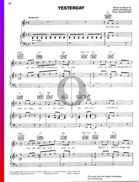 Yesterday The Beatles Piano Sheet Music OKTAV