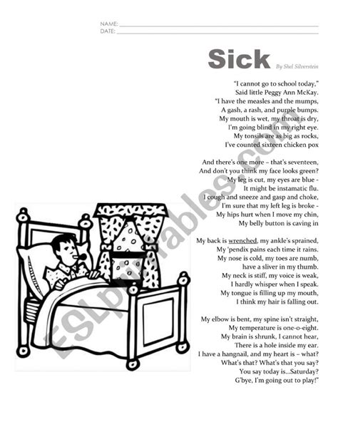 Sick Poem By Shel Silverstein Reading Comorehension Esl Worksheet