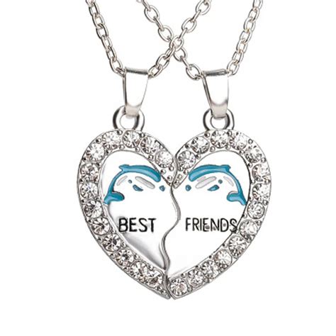 New Design Bff Pendant Necklace Friendship Necklaces Cute Dolphin Rhinestone Heart Necklace 2pc