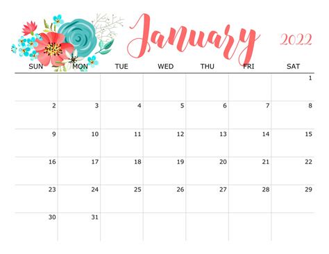 Cute January 2022 Calendar Printable Floral Designs Printable