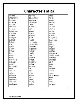 Character Trait List by Besaw's Bee Sauce | Teachers Pay Teachers