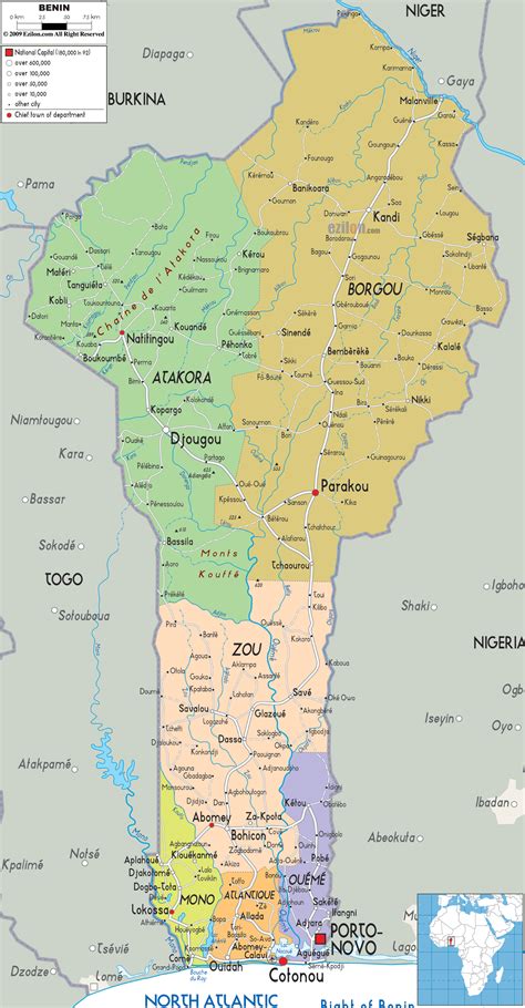 The country has a total area of 44,310.25 square miles (114763 km2). Political Map of Benin - Ezilon Maps