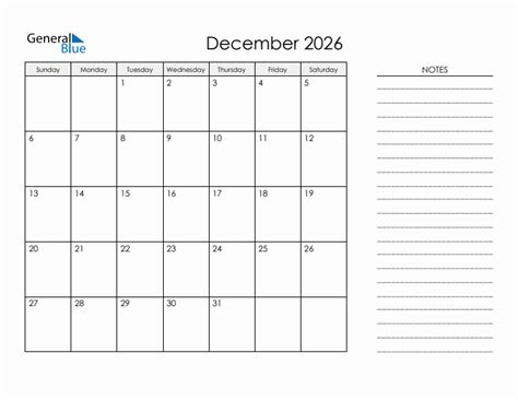 Printable Monthly Calendar With Notes December 2026