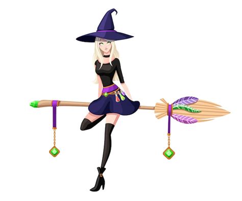 Premium Vector Cute Blonde Witch Sit On Flying Broom Witch Purple Hat And Clothes Cartoon
