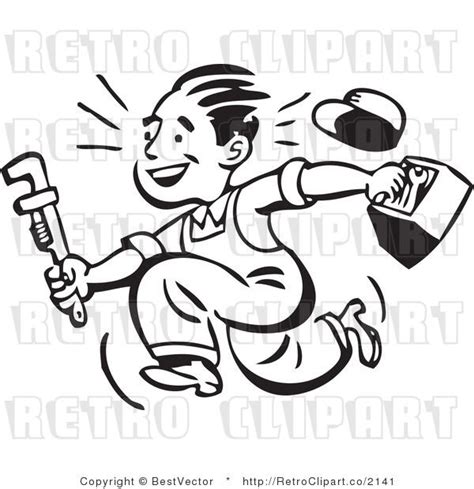 Retro Clipart Of Smiling Plumber Guy Running With Toolbox And Wrench