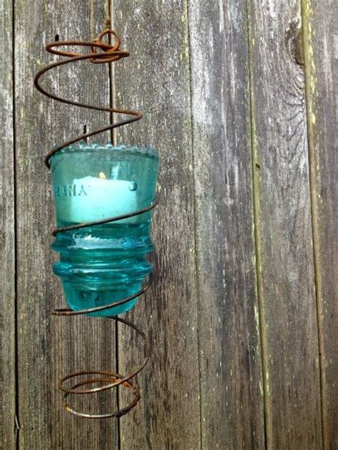 Turqoise Glass Insulator Hanging Candle Holder Wrapped In Repurposed