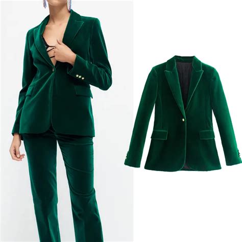 Za 2021 Green Velvet Blazer Women Vintage Elegant Female Blazer Long Sleeve Button Jacket Woman