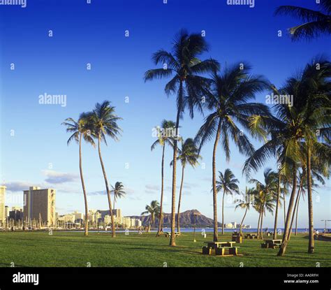 Waikiki Skyline From Ala Moana Park Honolulu Oahu Hawaii Usa Stock
