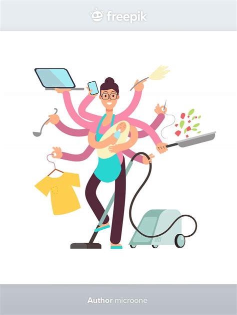 Super Busy Mother Working And Cooking Simultaneously Premium Vector