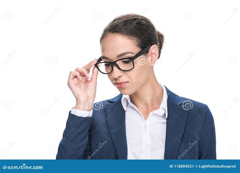Portrait Of Attractive Pensive Businesswoman In Eyeglasses Stock Image Image Of Corporate