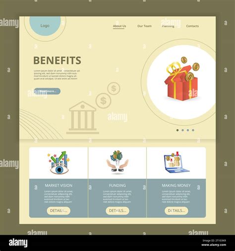 Benefits flat landing page website template. Market vision, funding