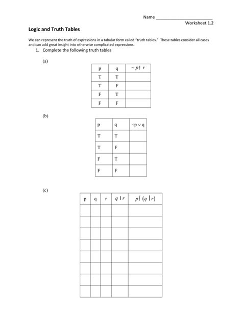 Truth Table Worksheet With Answers — Db