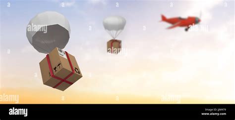 Composite Image Of Graphic Image Of 3d Parachute Carrying Cardboard Box
