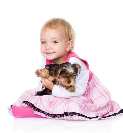 Girl Playing With Pets Dog And Cat Looking At Camera Isolated Stock