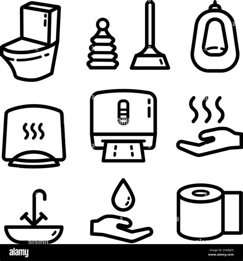 Set Of Sanitary Icons Such As Toilet Towel Plunger Restroom Urinal