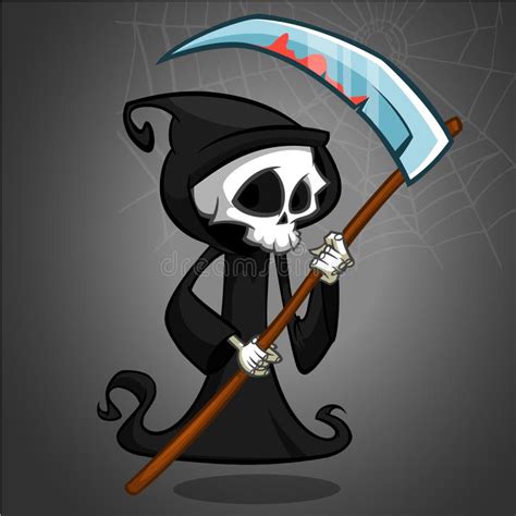 Cute Cartoon Grim Reaper With Scythe On White Vector Illustration