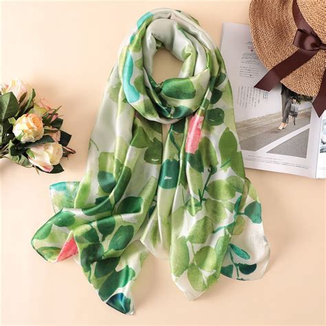 Women Green Silk Scarf Large Smooth Leaves Floral Foulard Print Long Shawl New Design [3352] In