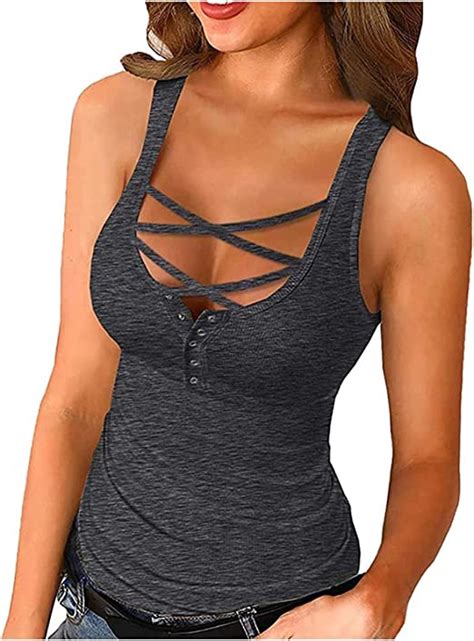 Womens Scoop Neck Tank Tops Low Cut Solid Sexy Summer Sleeveless Button