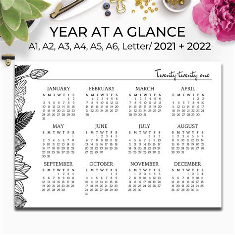 2021 2022 Year At A Glance Yearly Wall Calendar Printable Etsy