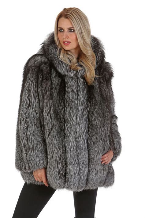 Hooded Silver Fox Jacket Natural Silver Fox Fur Hood Coat Fur Coat Fox Fur