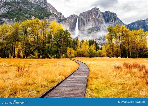 Meadow With Boardwalk In Yosemite National Park Valley At Autumn Stock