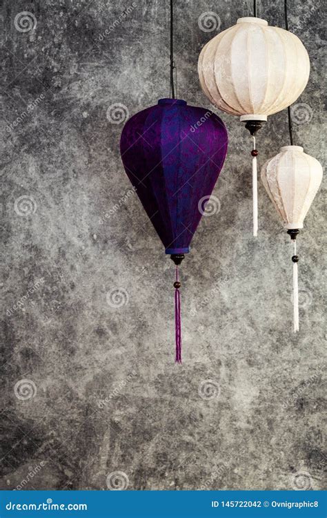 Vietnamese Or Chinese White And Purple Lanterns With Light Turned Off