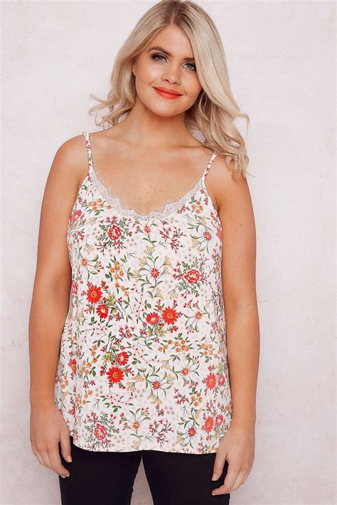 Paprika Red And Multi Floral Print Cami Top With Lace Trim Plus Size 16 To 24