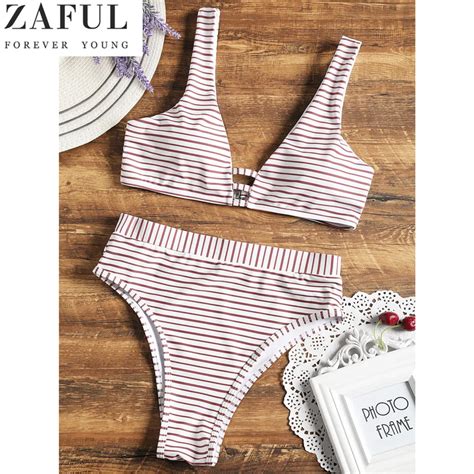 Zaful High Waist Swimsuit Sexy Bikinis Women Swimwear Striped High Cut Bikini Set Maillot De