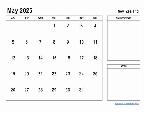 May 2025 Planner With New Zealand Holidays