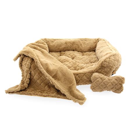 Ultra Soft Beige Faux Fur Plush Diamond Quilt Dog Bed With Bone And