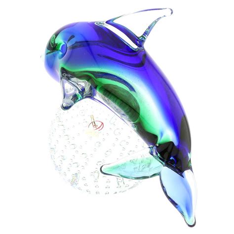 Murano Sculptures Murano Glass Dolphin On Base Blue And Green