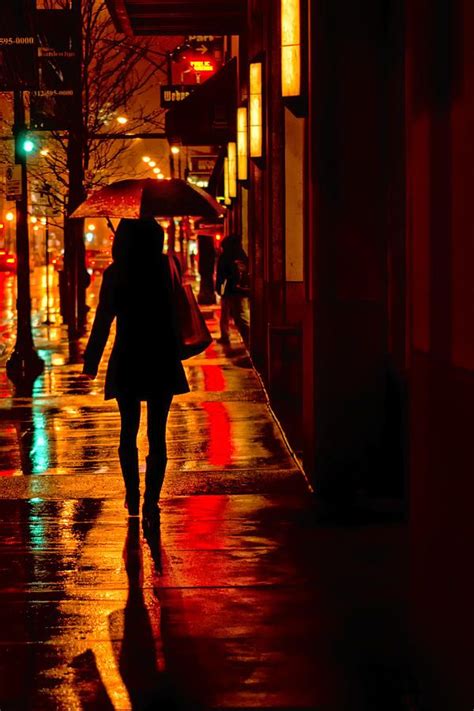 Rain City Night Woman With Umbrella By Nikolyn Mcdonald Night Street Photography Umbrella