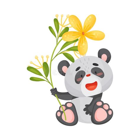Leuke Panda Met Bloemen Vector Illustratie Op Witte Achtergrond Vector
