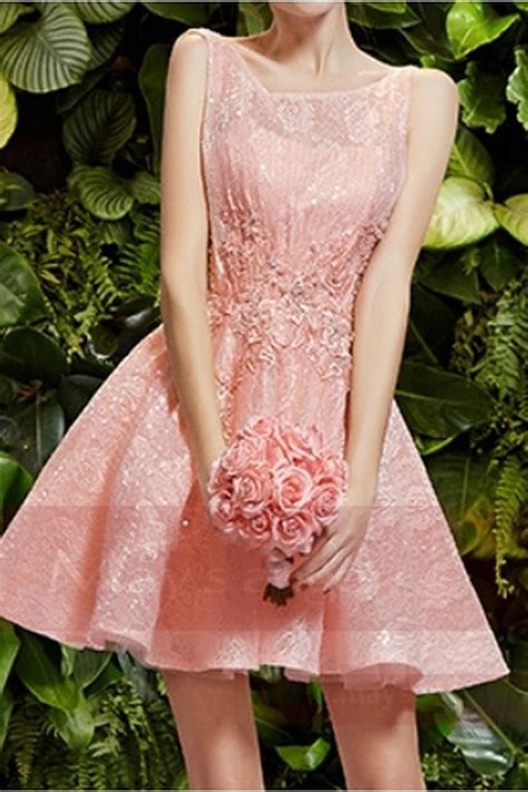 Open Back Short Pink Lace Bridesmaid Dress