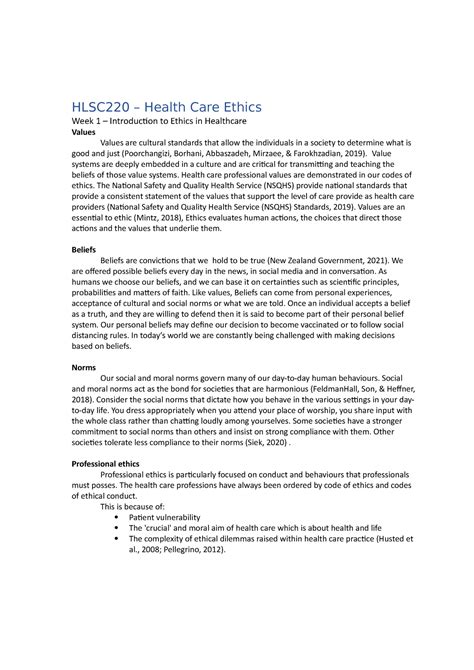 Hlsc220 Lecture Notes Hlsc220 Health Care Ethics Week 1