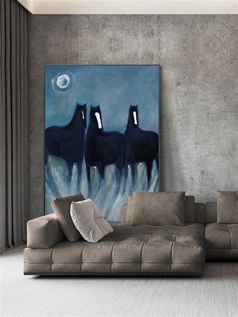 Large Abstract Black Horses Oil Painting On Canvas Original Etsy