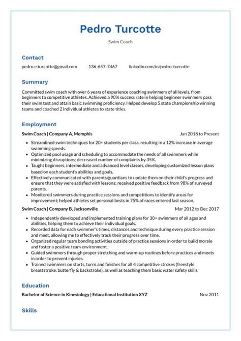 Swim Coach Resume Cv Example And Writing Guide