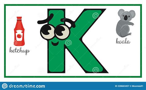 Grappige Letters Alfabet Met Woorden In Portugese Kaartletter K Stock