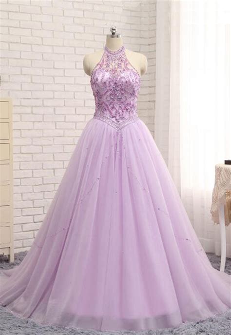 Princess Lavender Tulle Crystal Long Halter Prom Dress Beading Long