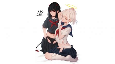 Wallpaper Anime Girls Original Characters Demon Girls Angel Horns Bangs Black Hair Red