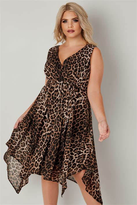 black and tan leopard print wrap dress with hanky hem plus size 16 to 32 leopard print wrap dress