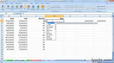 To test if a number in a1 is greater than zero and less than 10, use =and(a1>0,a1<10). Excel: How to use the DATEDIF function | lynda.com ...