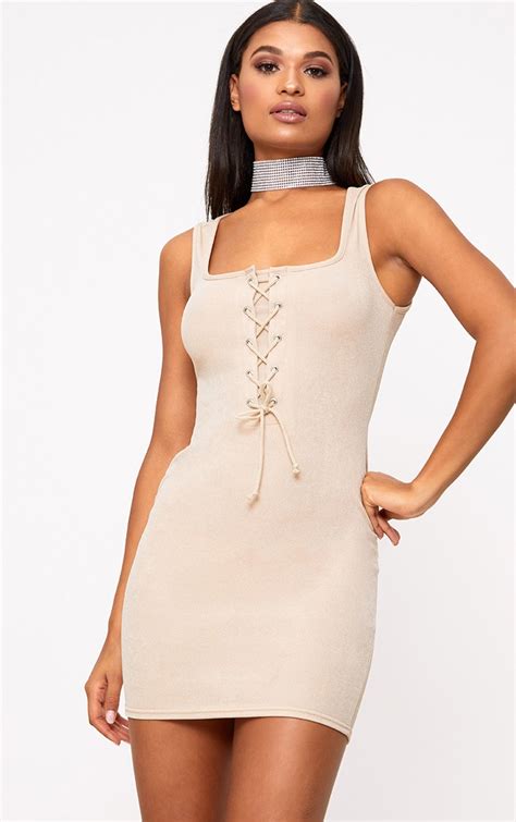 Nude Lace Up Front Bodycon Dress Prettylittlething