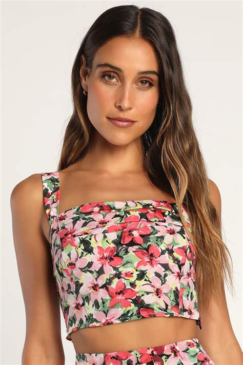 Pink Multi Floral Crop Top Sleeveless Floral Top Gathered Top Lulus