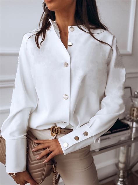 Blouse For Women White Stand Collar Long Sleeves Buttons Chiffon Tops
