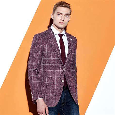 Blazer Men Slim Fit Fashion Single Breasted Casual Suits Jacket Red Plaid Business Man Clothes
