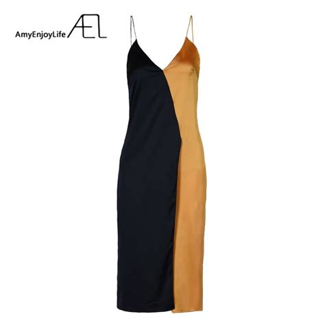 Ael Fashion Satin Splicing Women Spaghetti Strap Dress 2018 Robe Femme Sexy Casual Clothing