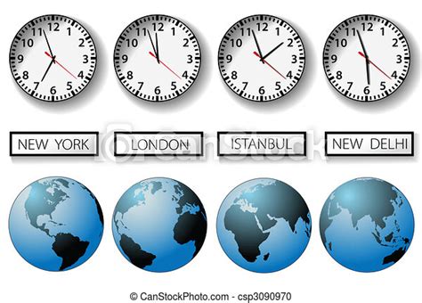 Vector Clipart Of World City Time Zone Clocks And Globes Four Clocks