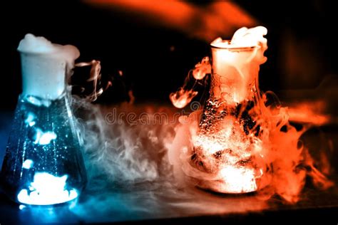 Glass Flasks With Chemical Reaction Stock Photo Image Of Blue