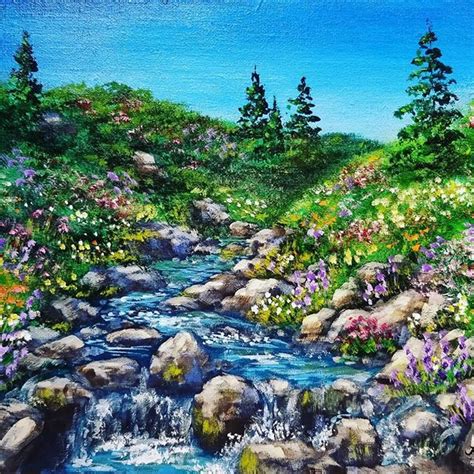 Free Acrylic Painting Tutorial Mountain Stream With Wildflowers By